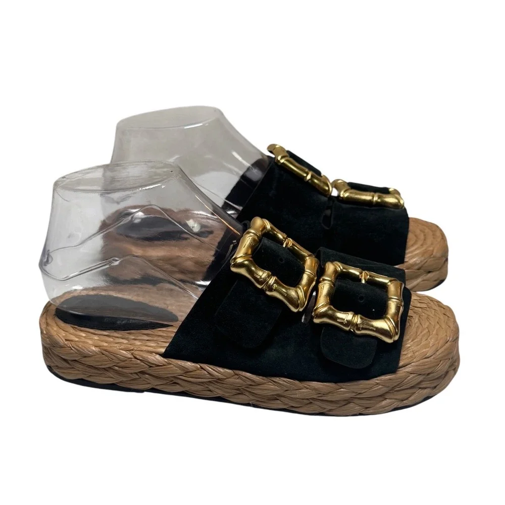 Schutz Enola Rope Platform Sandal Black Suede Gold Bamboo Buckle Womens 7.5B